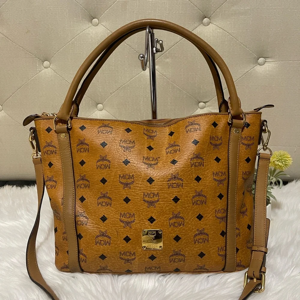 MCM Cognac/Black Visetos Logo Tote Shoulder Bag